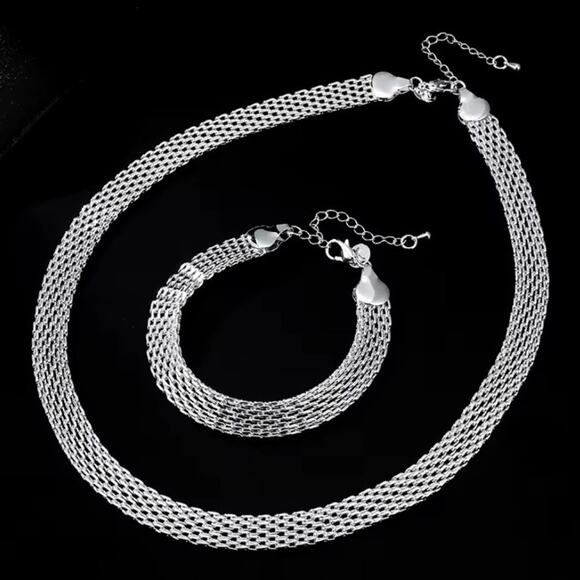 925 Sterling Silver Necklace Bracelet Set Double Chain Geometric Christmas NEW!